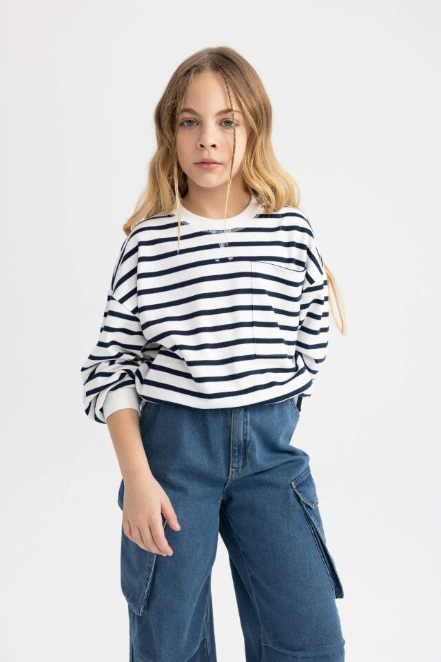 Kız Çocuk Çizgili Bisiklet Yaka Sweatshirt
