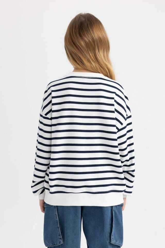 Kız Çocuk Çizgili Bisiklet Yaka Sweatshirt