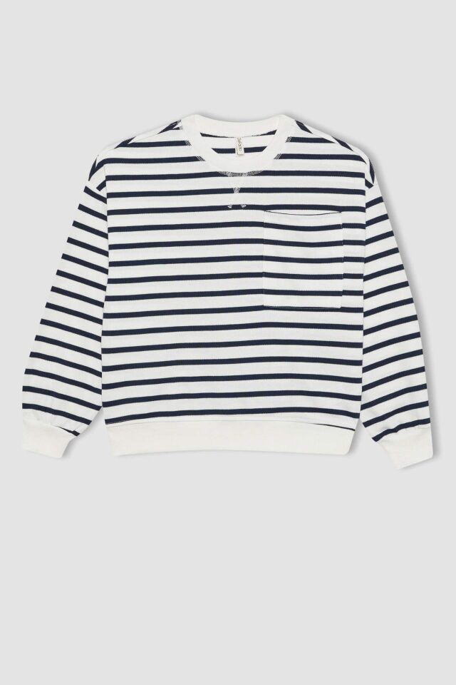 Kız Çocuk Çizgili Bisiklet Yaka Sweatshirt