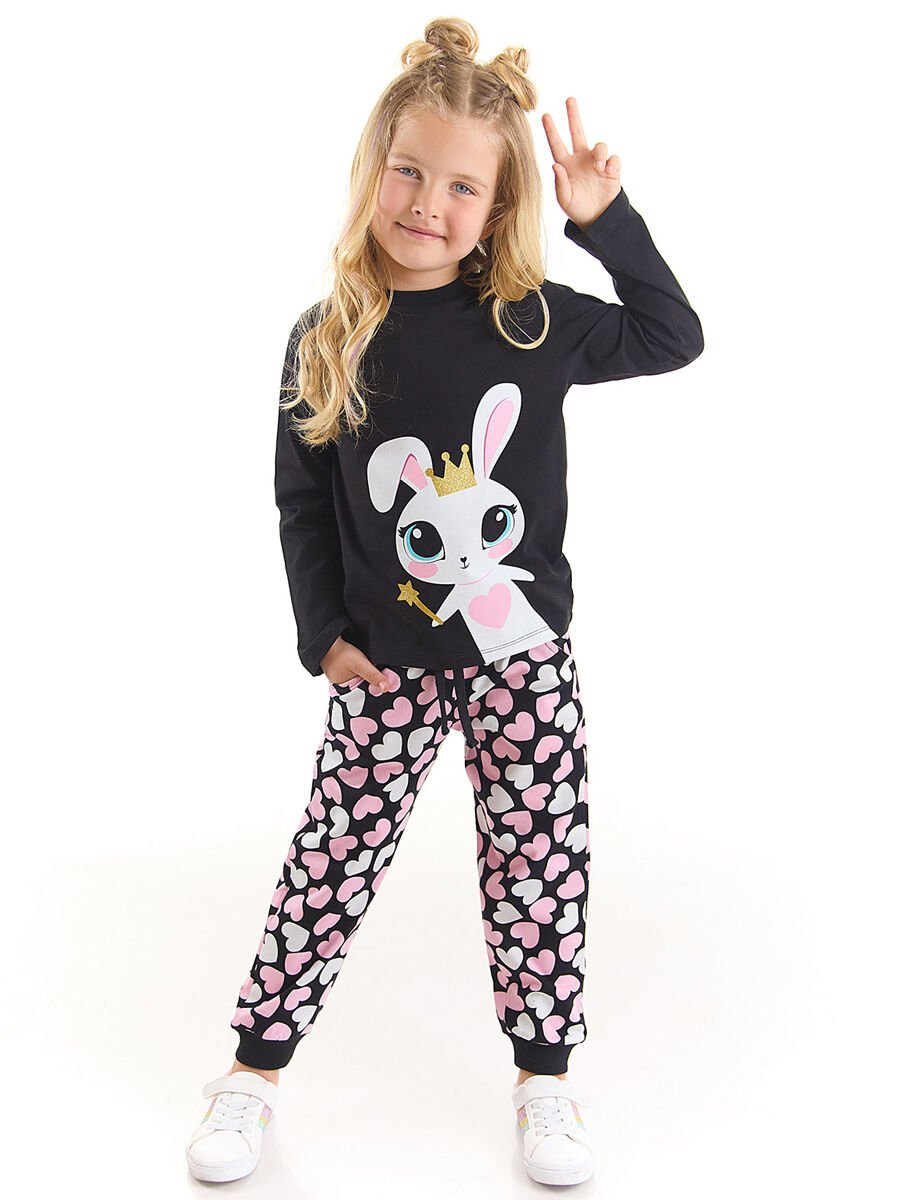 Tatlı Tavşan Kız Çocuk T-shirt Pantolon Takım 2 Y - Siyah, Pembe