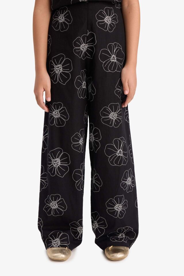 Kız Çocuk Desenli Wide Leg Geniş Paça Pamuklu Pantolon