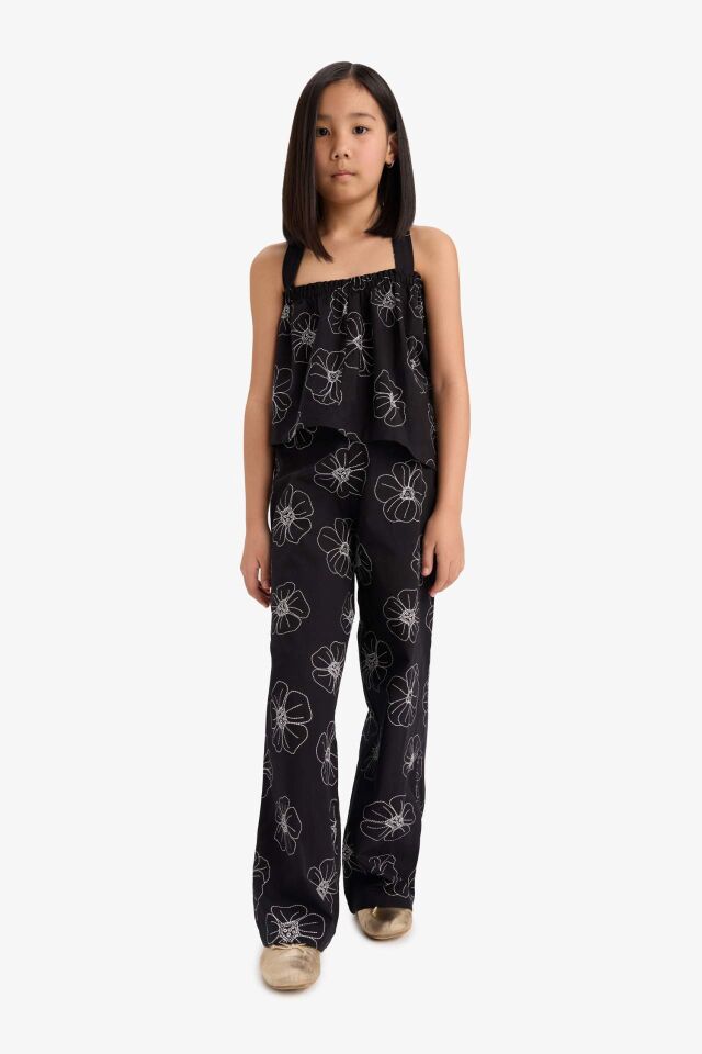 Kız Çocuk Desenli Wide Leg Geniş Paça Pamuklu Pantolon