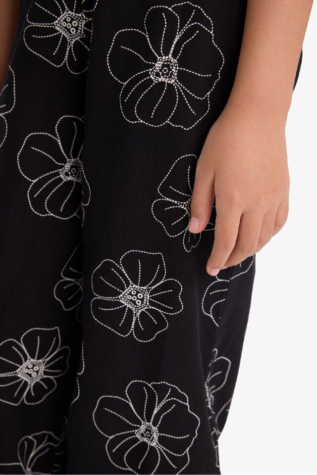 Kız Çocuk Desenli Wide Leg Geniş Paça Pamuklu Pantolon