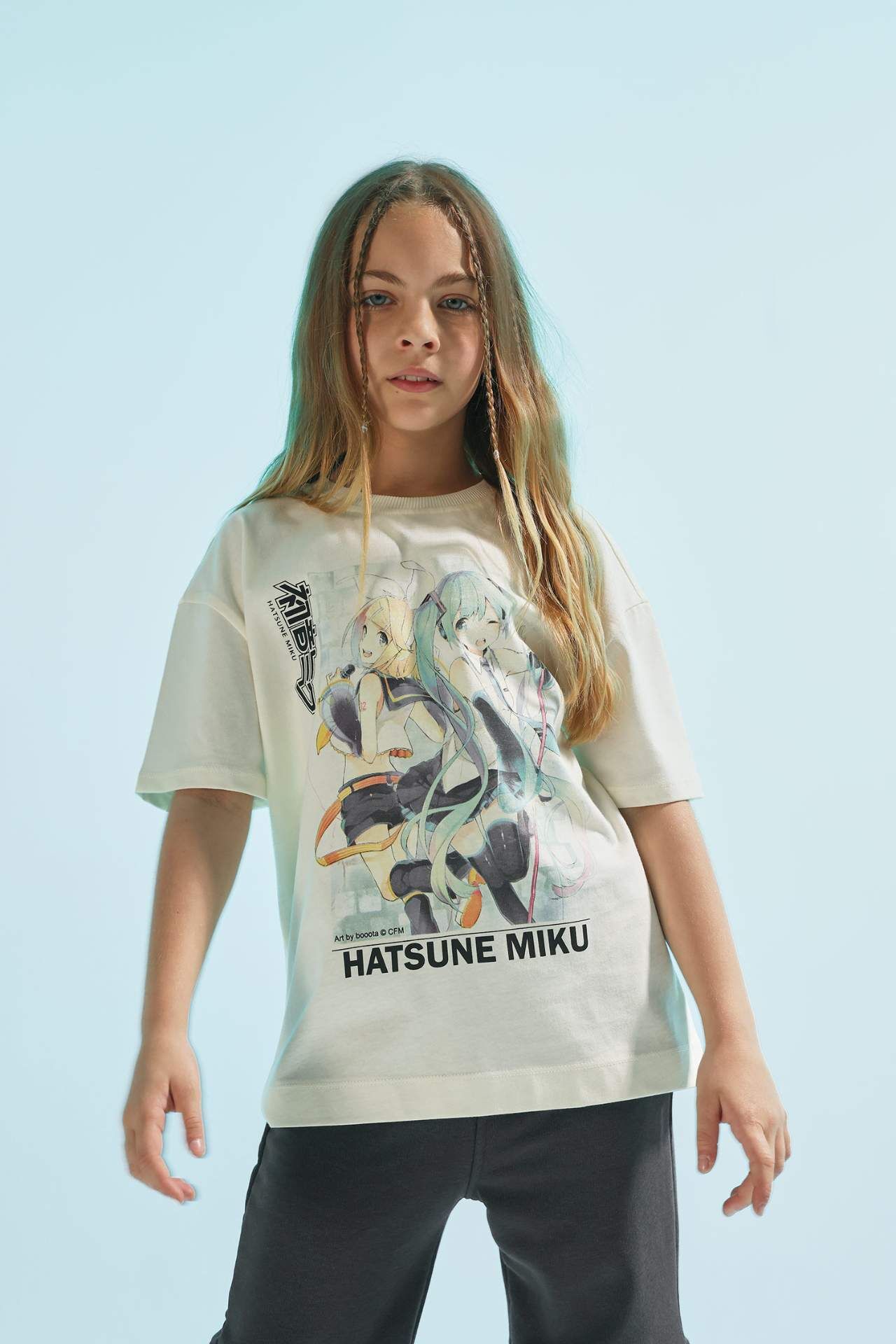 Kız Çocuk Hatsune Miku Oversize Geniş Kalıp Bisiklet Yaka Kısa Kollu Tişört