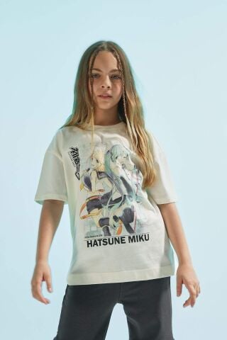 Kız Çocuk Hatsune Miku Oversize Geniş Kalıp Bisiklet Yaka Kısa Kollu Tişört
