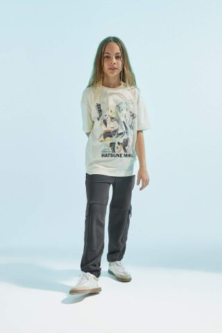 Kız Çocuk Hatsune Miku Oversize Geniş Kalıp Bisiklet Yaka Kısa Kollu Tişört