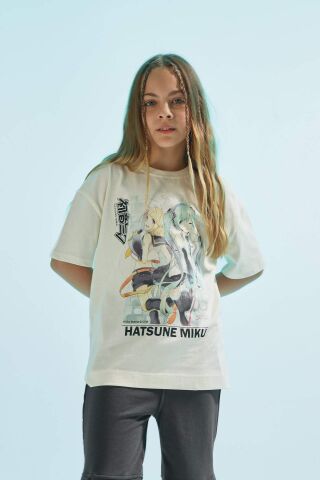Kız Çocuk Hatsune Miku Oversize Geniş Kalıp Bisiklet Yaka Kısa Kollu Tişört