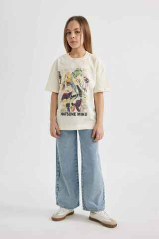 Kız Çocuk Hatsune Miku Oversize Geniş Kalıp Bisiklet Yaka Kısa Kollu Tişört