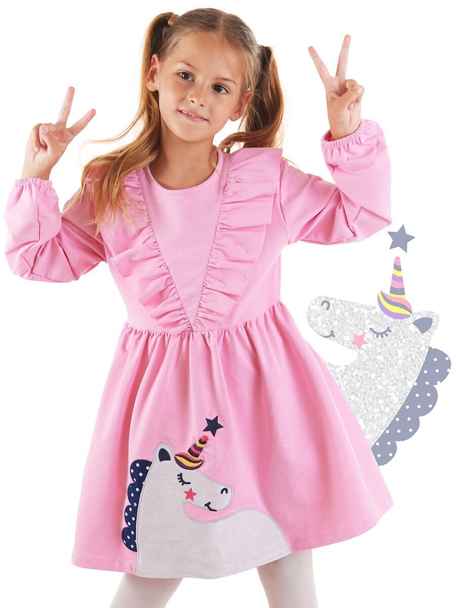 Simli Unicorn Kız Çocuk Pembe Elbise