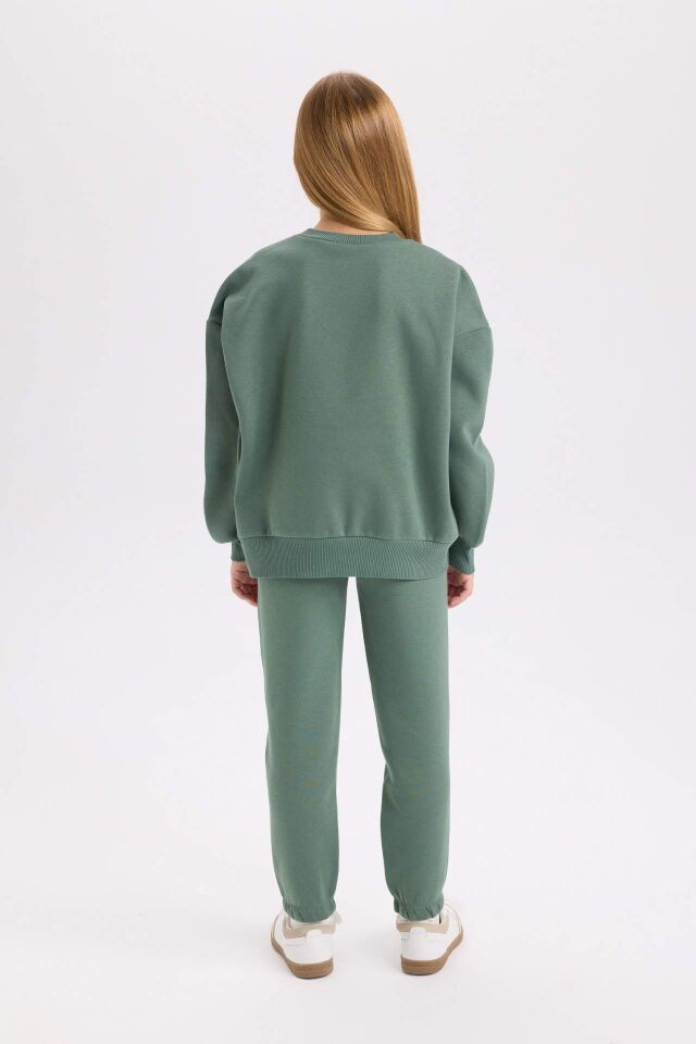 Kız Çocuk 2'li Takım Baskılı Bisiklet Yaka Sweatshirt Esnek Belli Jogger Eşofman Altı