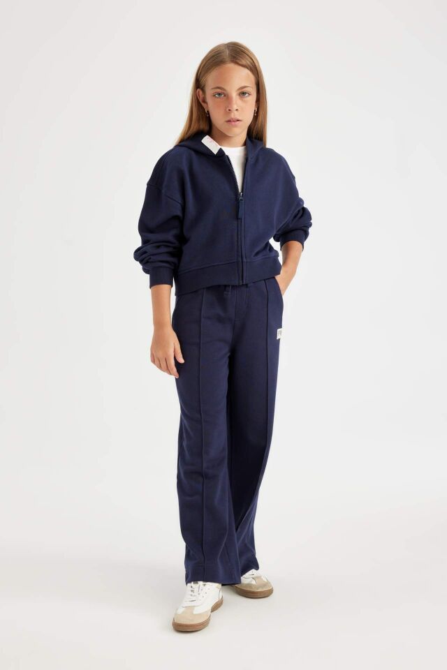 Kız Çocuk Lacivert Wide Leg Geniş Bol Paça Beli Lastikli Basic Düz Okul Eşofman Altı