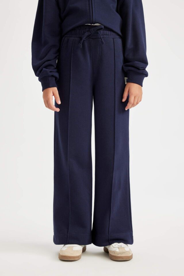 Kız Çocuk Lacivert Wide Leg Geniş Bol Paça Beli Lastikli Basic Düz Okul Eşofman Altı