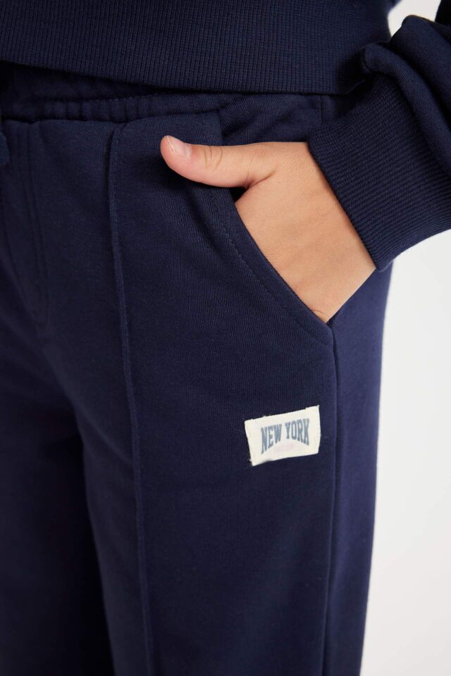 Kız Çocuk Lacivert Wide Leg Geniş Bol Paça Beli Lastikli Basic Düz Okul Eşofman Altı
