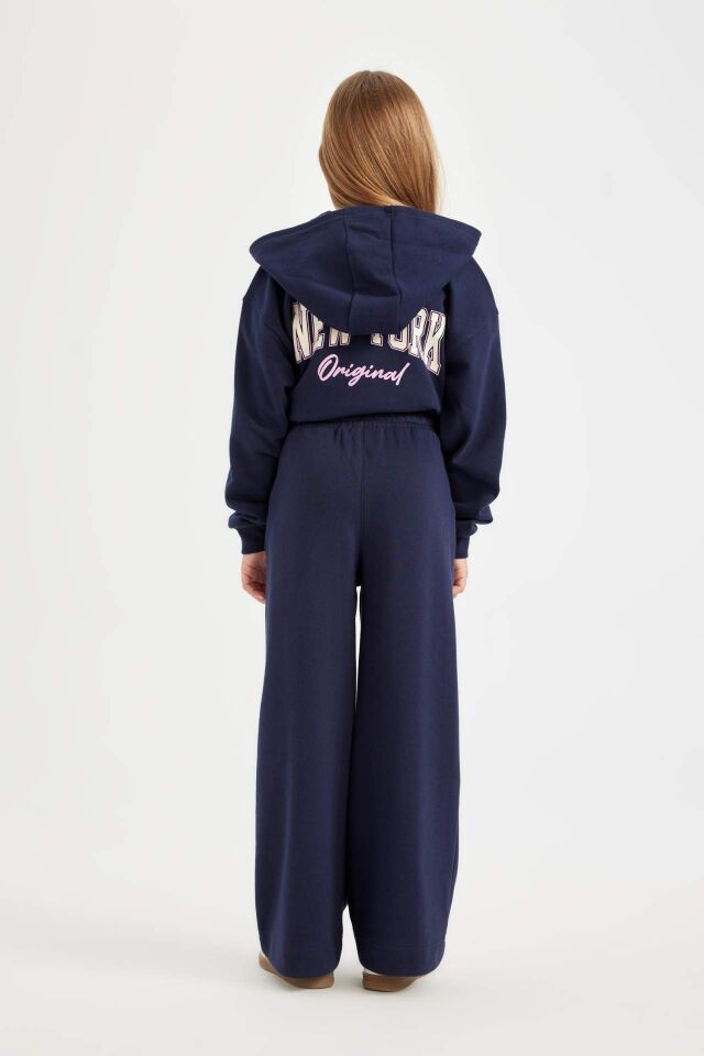Kız Çocuk Lacivert Wide Leg Geniş Bol Paça Beli Lastikli Basic Düz Okul Eşofman Altı