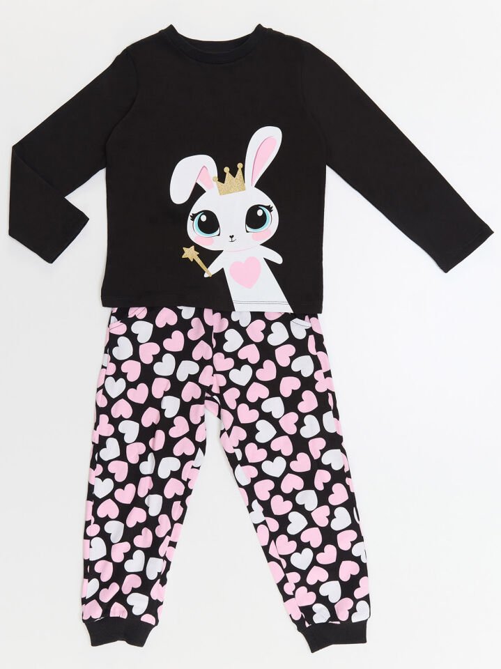 Tatlı Tavşan Kız Çocuk T-shirt Pantolon Takım 4 Y - Siyah, Pembe