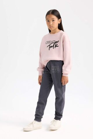 Kız Çocuk Relax Fit Bisiklet Yaka Baskılı Sweatshirt