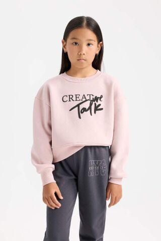 Kız Çocuk Relax Fit Bisiklet Yaka Baskılı Sweatshirt