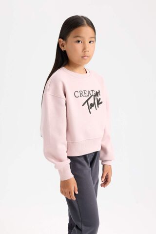 Kız Çocuk Relax Fit Bisiklet Yaka Baskılı Sweatshirt