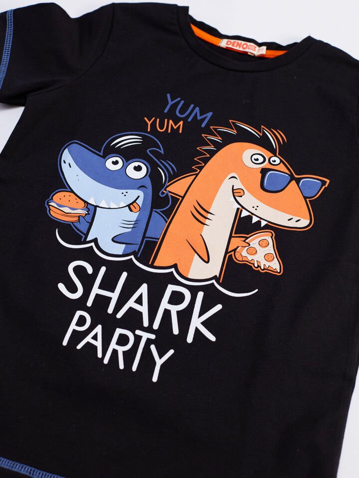 Shark Party Erkek Çocuk T-shirt Şort Takım 3 Y - Siyah