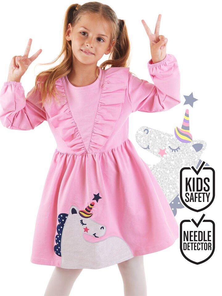 Simli Unicorn Kız Çocuk Pembe Elbise 4 Y - Pembe