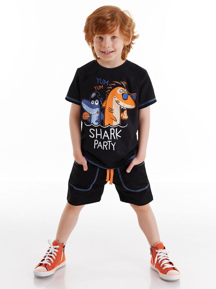 Shark Party Erkek Çocuk T-shirt Şort Takım 3 Y - Siyah