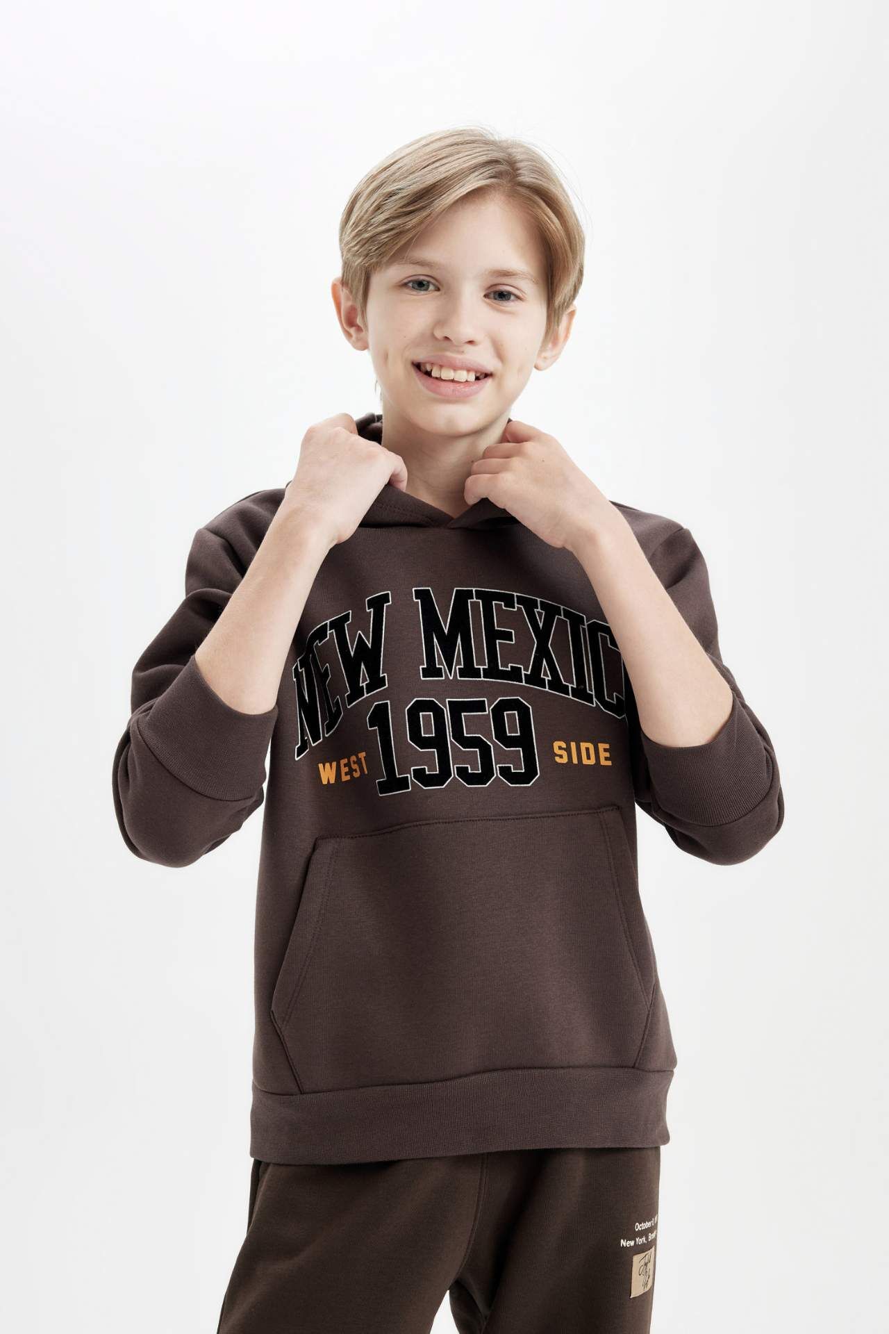 Erkek Çocuk Baskılı Kapüşonlu Kanguru Cepli Kalın Sweatshirt