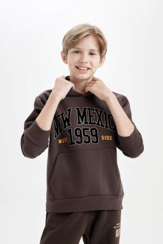 Erkek Çocuk Baskılı Kapüşonlu Kanguru Cepli Kalın Sweatshirt