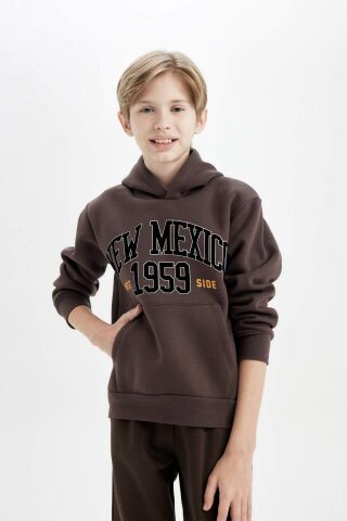 Erkek Çocuk Baskılı Kapüşonlu Kanguru Cepli Kalın Sweatshirt