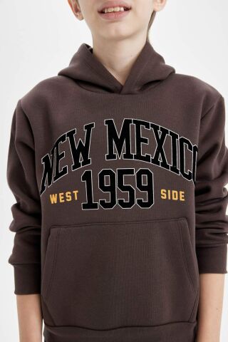 Erkek Çocuk Baskılı Kapüşonlu Kanguru Cepli Kalın Sweatshirt