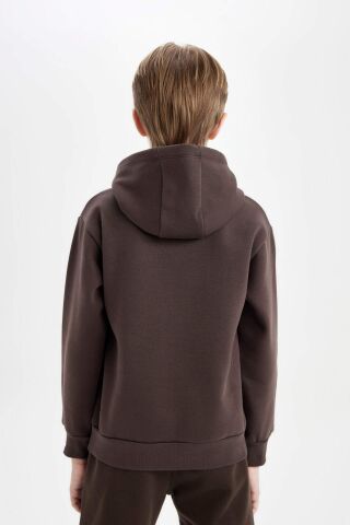 Erkek Çocuk Baskılı Kapüşonlu Kanguru Cepli Kalın Sweatshirt
