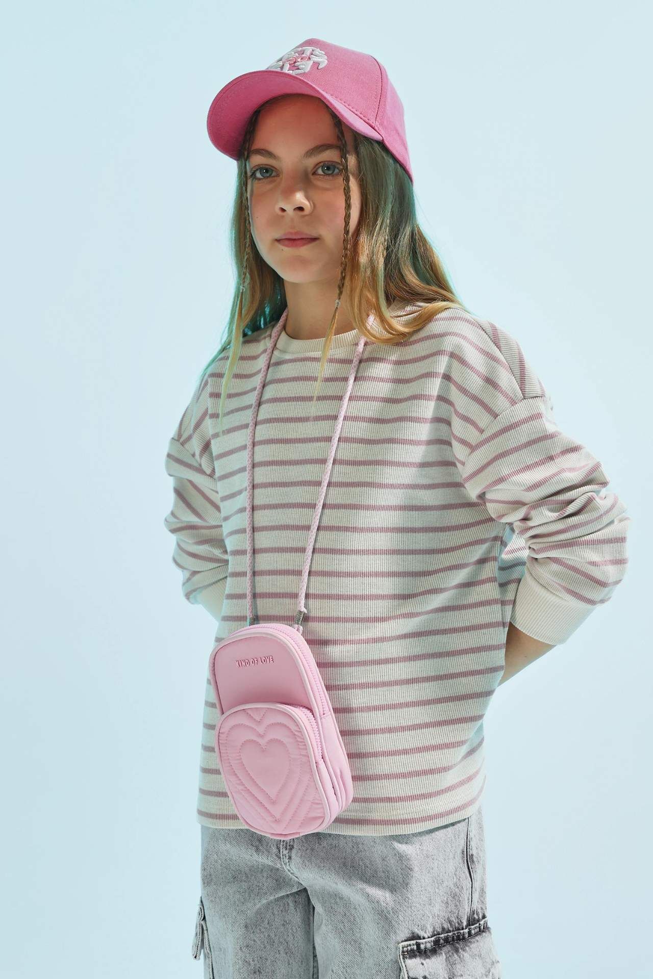 Kız Çocuk Relax Fit Bisiklet Yaka Çizgili Sweatshirt