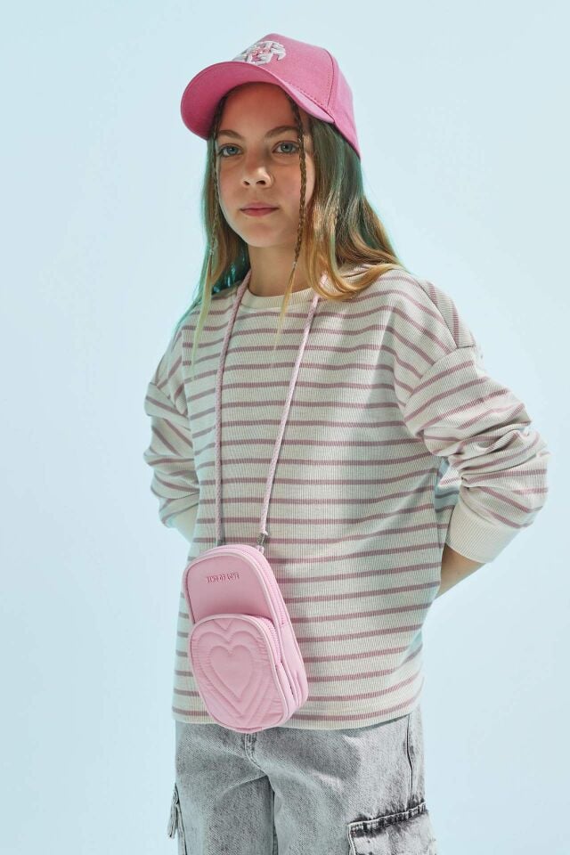 Kız Çocuk Relax Fit Bisiklet Yaka Çizgili Sweatshirt
