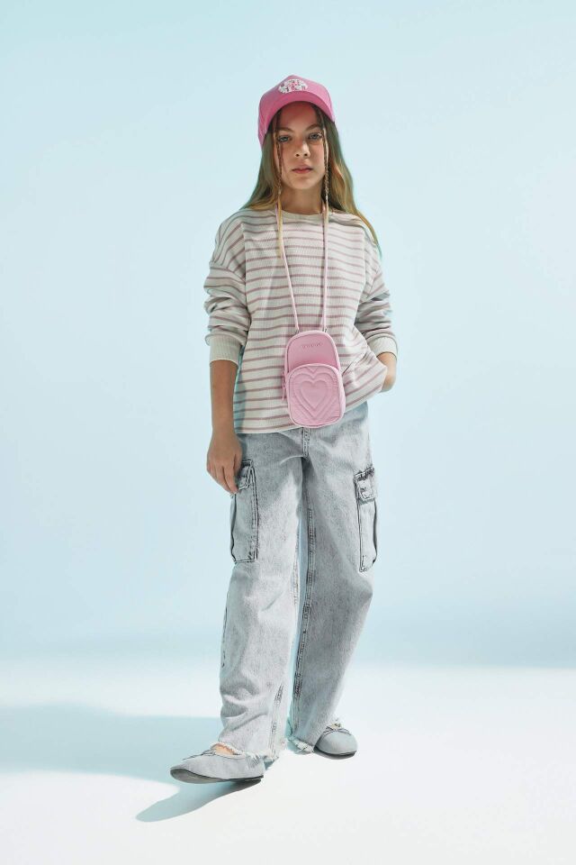 Kız Çocuk Relax Fit Bisiklet Yaka Çizgili Sweatshirt