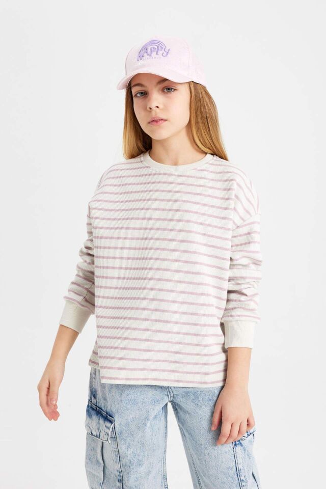 Kız Çocuk Relax Fit Bisiklet Yaka Çizgili Sweatshirt