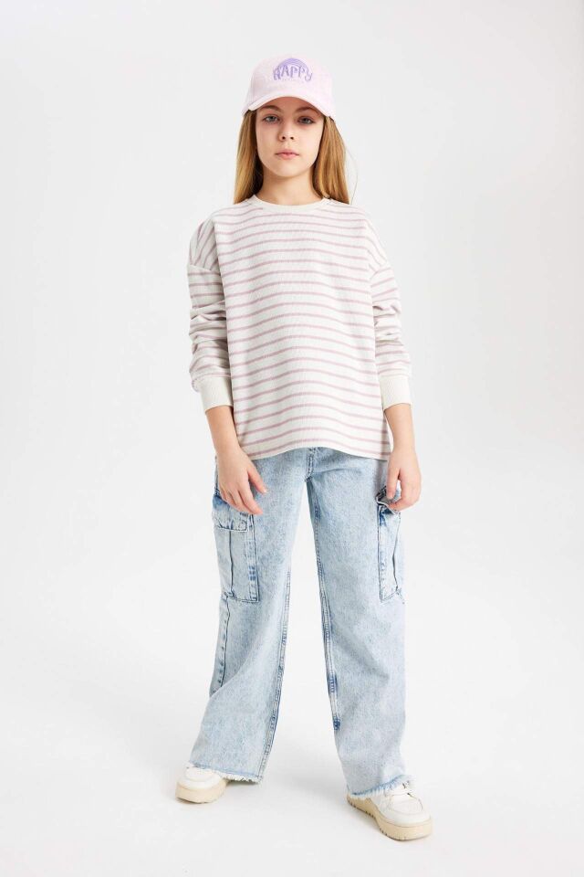 Kız Çocuk Relax Fit Bisiklet Yaka Çizgili Sweatshirt