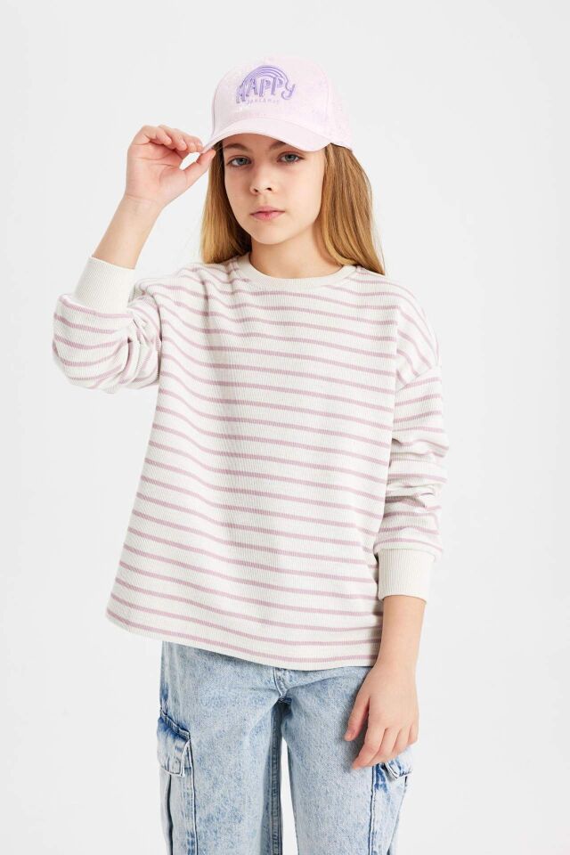 Kız Çocuk Relax Fit Bisiklet Yaka Çizgili Sweatshirt