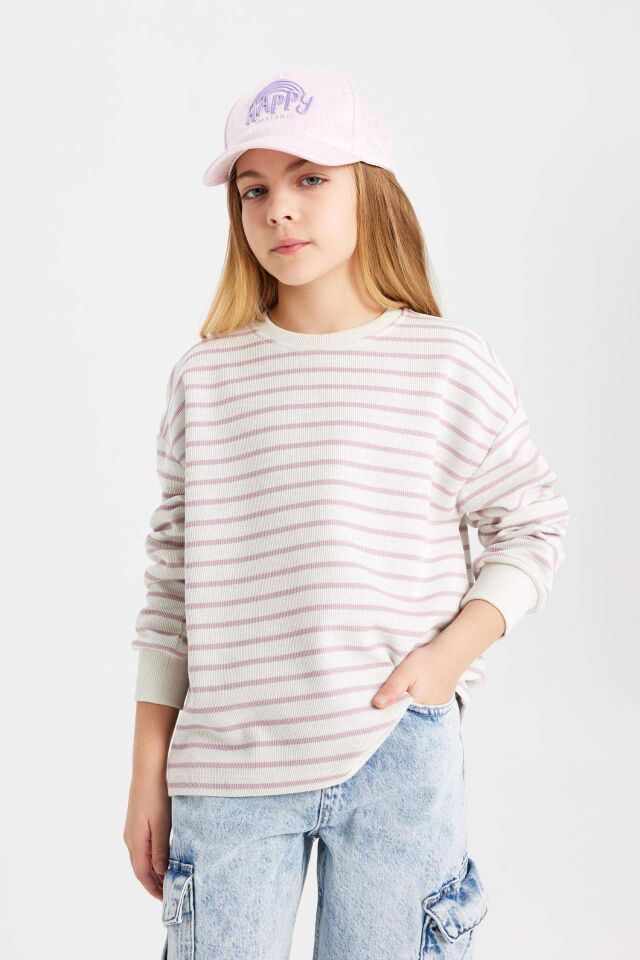 Kız Çocuk Relax Fit Bisiklet Yaka Çizgili Sweatshirt