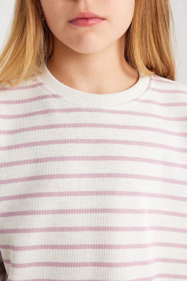 Kız Çocuk Relax Fit Bisiklet Yaka Çizgili Sweatshirt