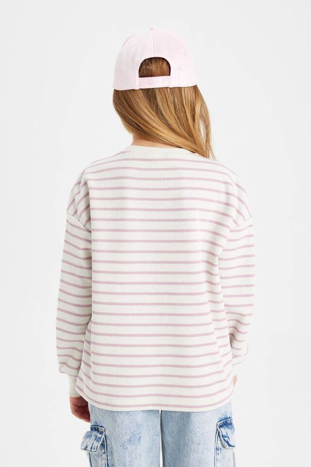 Kız Çocuk Relax Fit Bisiklet Yaka Çizgili Sweatshirt