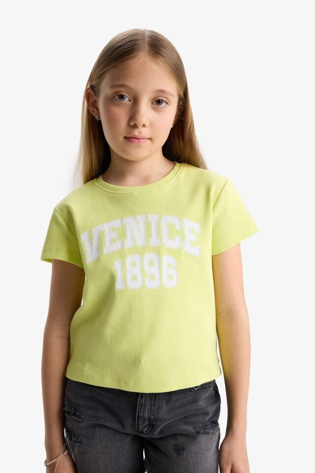 Kız Çocuk Slim Fit Dar Kesim Bisiklet Yaka Fitilli Kaşkorse Baskılı Kısa Kollu Tişört