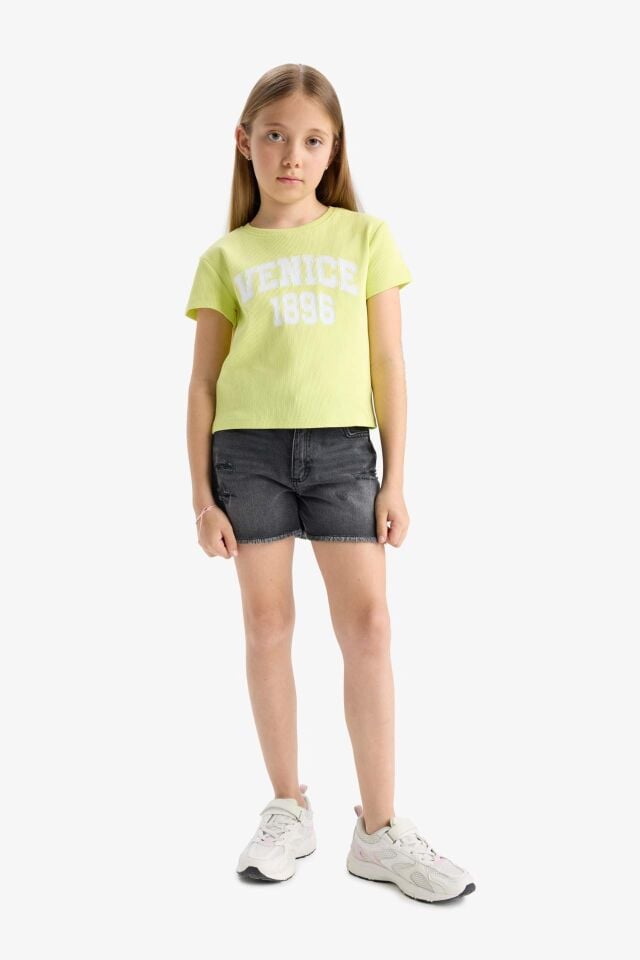 Kız Çocuk Slim Fit Dar Kesim Bisiklet Yaka Fitilli Kaşkorse Baskılı Kısa Kollu Tişört