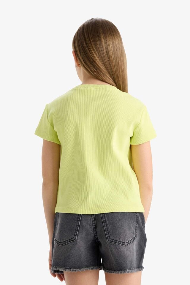 Kız Çocuk Slim Fit Dar Kesim Bisiklet Yaka Fitilli Kaşkorse Baskılı Kısa Kollu Tişört