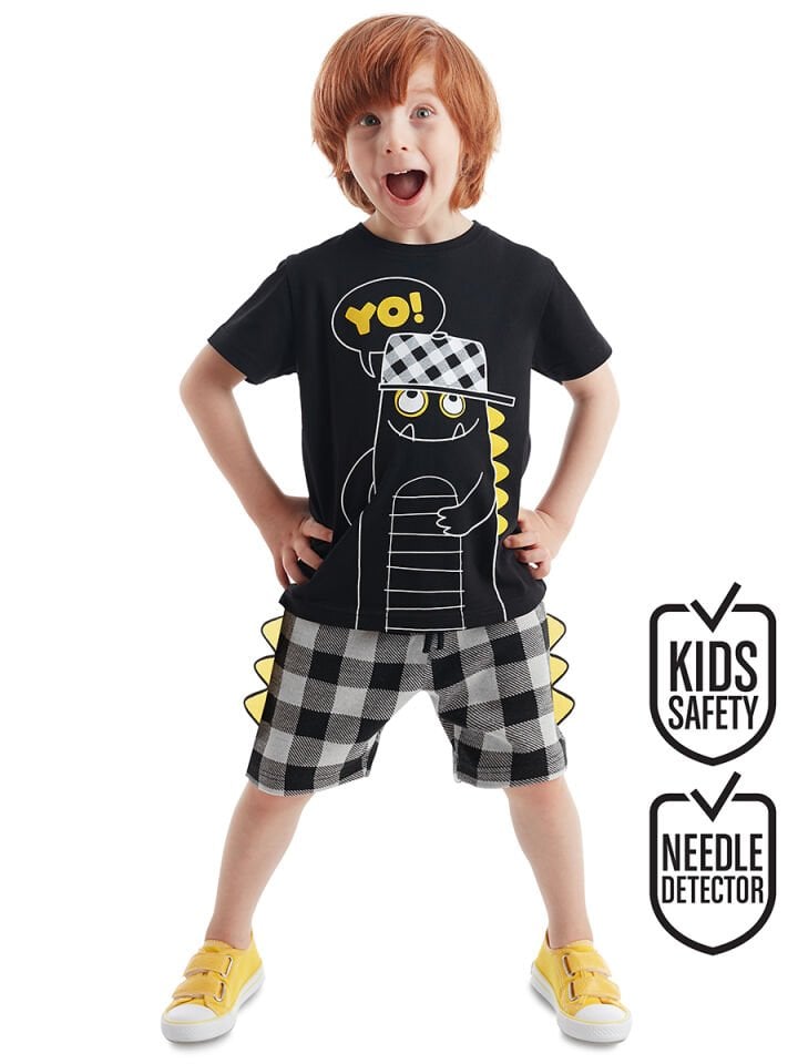Yo Dino Erkek Çocuk T-shirt Şort Takım 7 Y - Siyah Gri Sarı