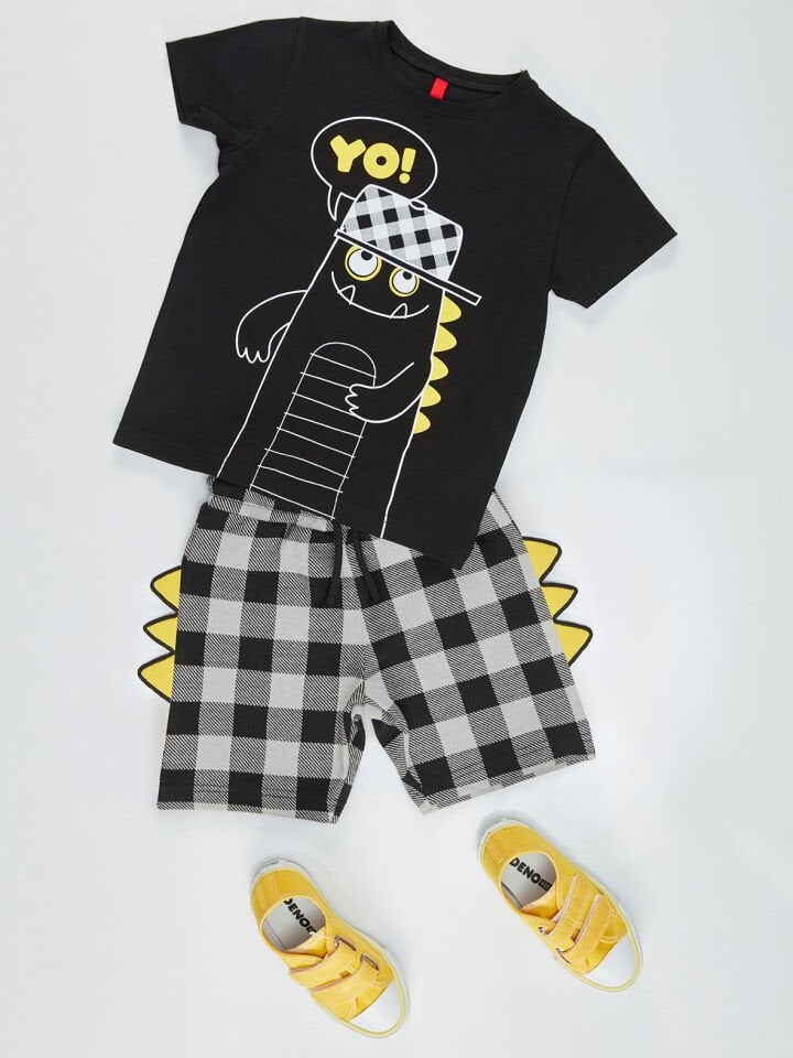 Yo Dino Erkek Çocuk T-shirt Şort Takım 7 Y - Siyah Gri Sarı