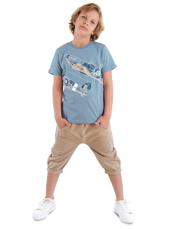 Uçak Erkek Çocuk T-shirt Kapri Şort Takım 6 Y - Mavi
