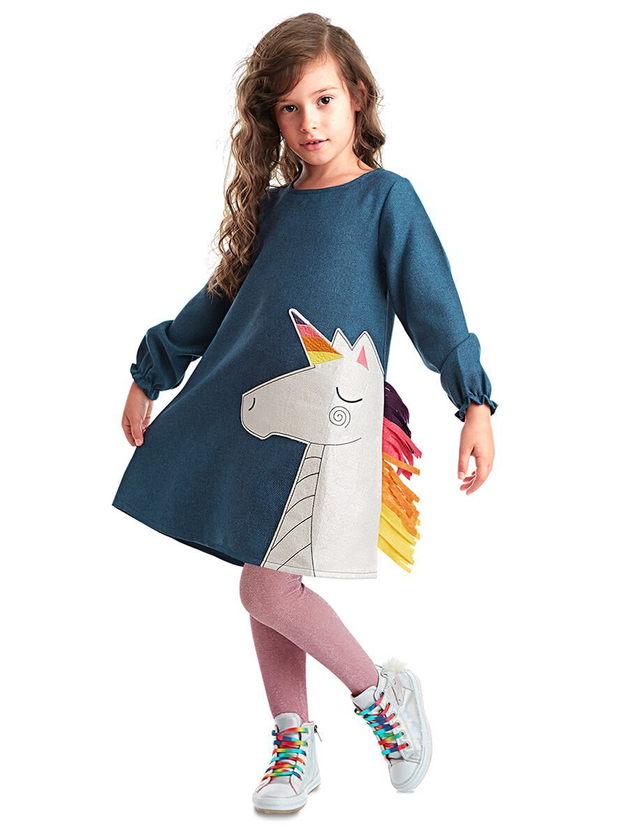 Renkli Unicorn Kız Çocuk Dokuma Elbise