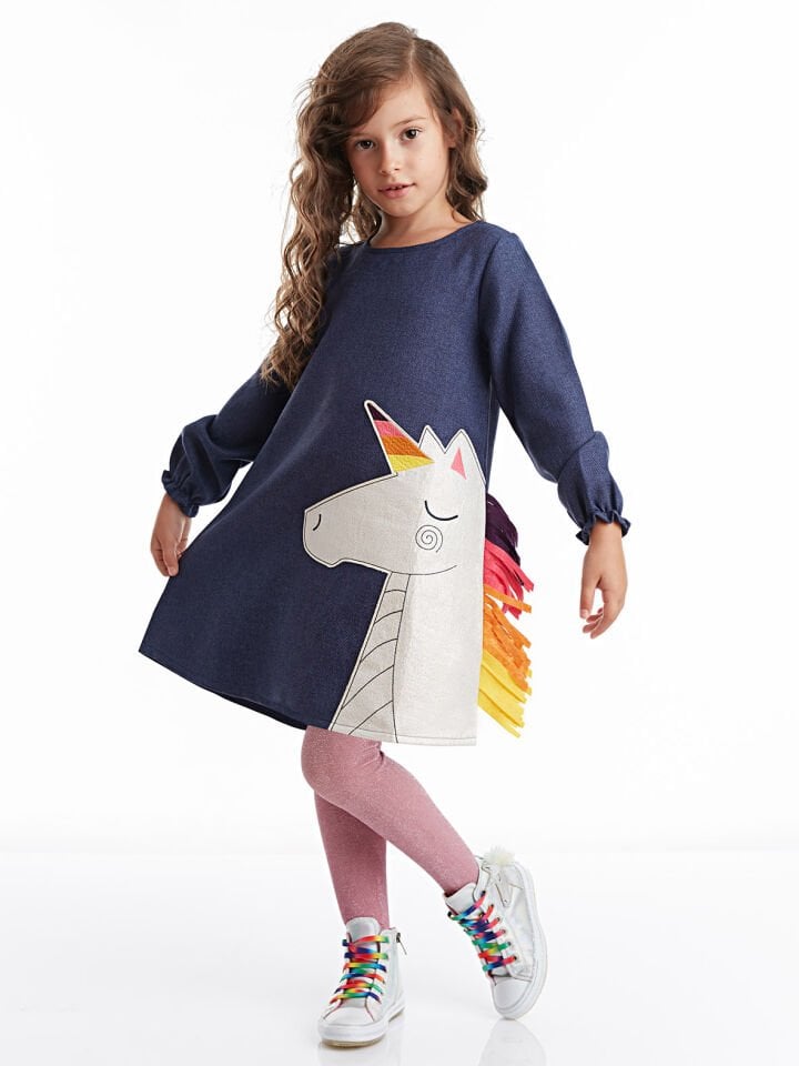 Renkli Unicorn Kız Çocuk Dokuma Elbise