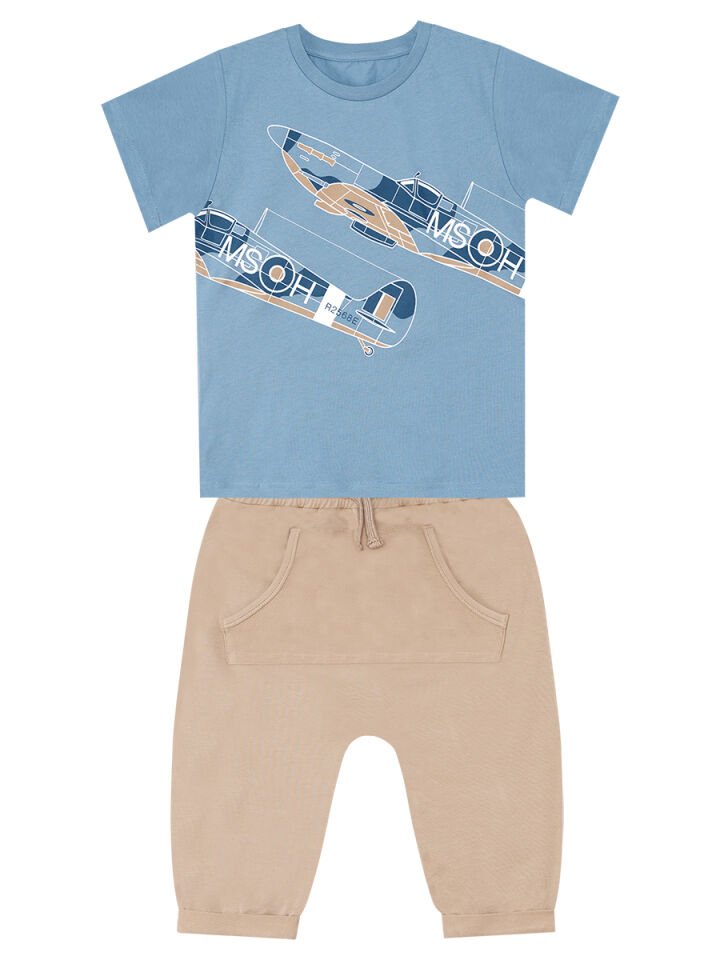 Uçak Erkek Çocuk T-shirt Kapri Şort Takım 7 Y - Mavi