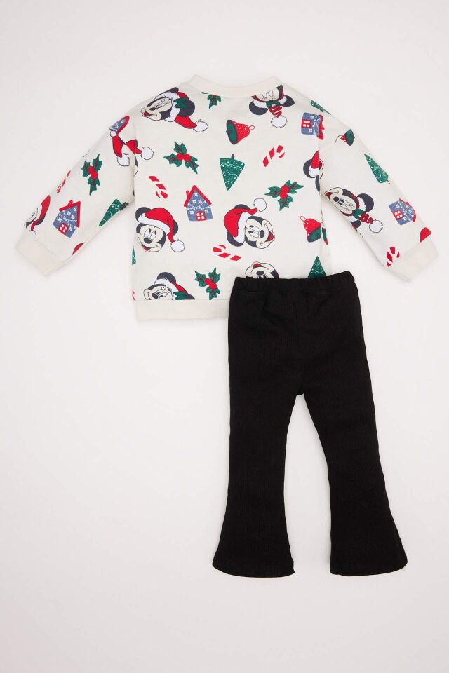 Kız Bebek Yılbaşı Temalı 2'li Takım Disney Mickey & Minnie Bisiklet Yaka Sweatshirt İspanyol Paça Alt