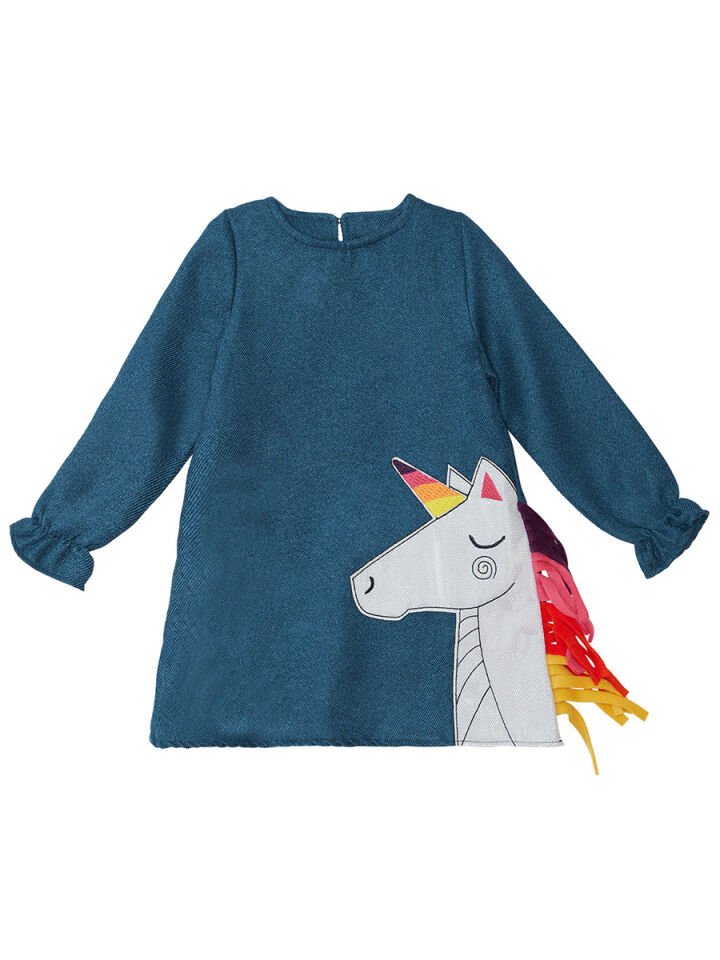 Renkli Unicorn Kız Çocuk Dokuma Elbise 4 Y - Lacivert,Beyaz